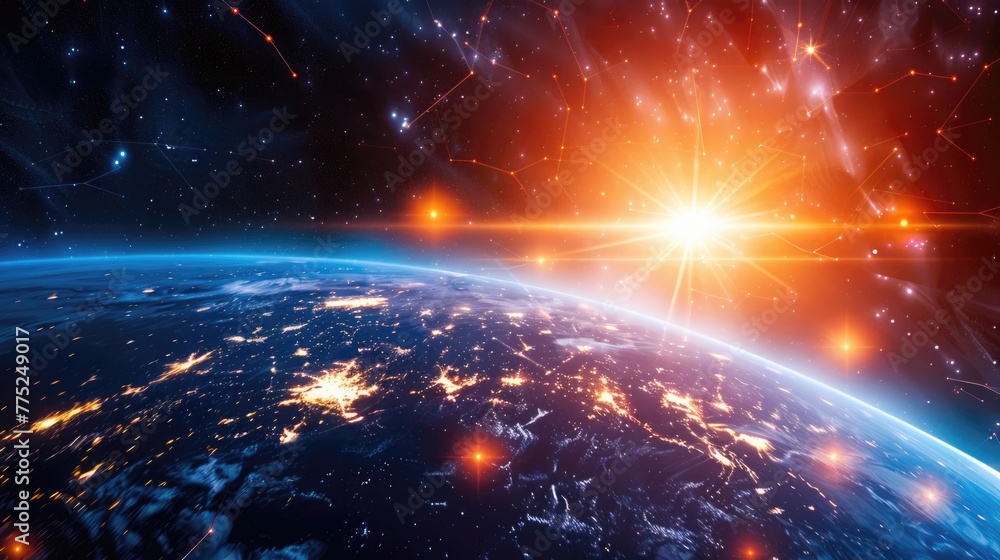 Poster infrared rays of the light spectrum. a colorful image of earth with global waves and light spectrum