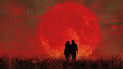 Foto op Plexiglas Couple silhouette against red moon © LabirintStudio