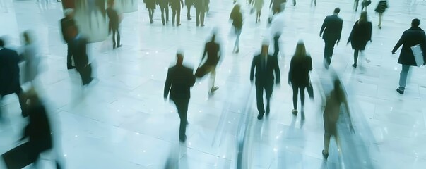 The hustle of a corporate environment captured as blurred figures walk through a sleek modern lobby