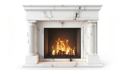 Isolated Classic Marble Burning Fireplace on White Background. Warm up your room with this elegant fireplace, emitting flames and heat from its chimney