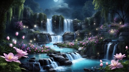 Digital Illustration of Exotic Waterfalls in The Forest at Night Views 
