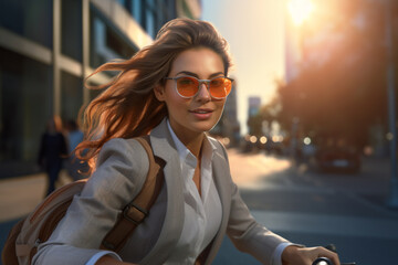 A beautiful adult of Caucasianformal woman riding her bicycle to work, a frontside portrait of a woman commuting on a bicycle on a sunny day in an urban street at sunset 