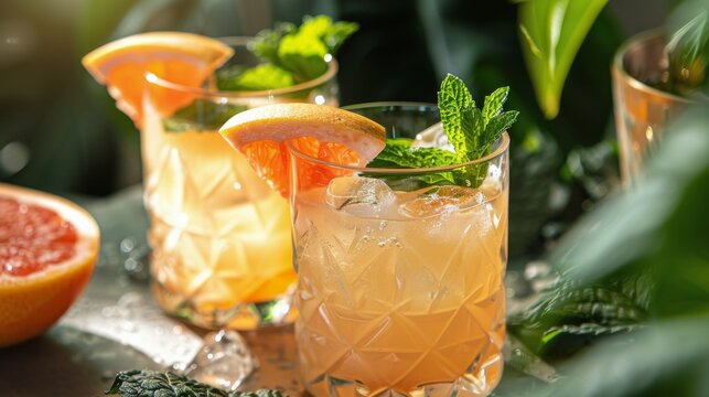 Close Up of Two Glasses With Grapefruit and Mint Drinks