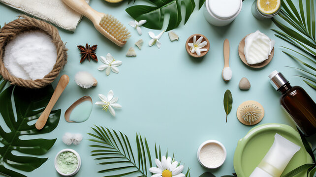 Homemade DIY Projects at Home. On a light blue background, creativity, flower petals, cosmetics and lush green plant branches. your own business, beginnings, creativity.