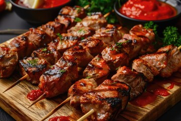 Juicy Shashlik Skewers with Red Sauce - Delicious Lamb Kebab on the Grill for Perfect Barbecue Food
