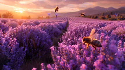Fensteraufkleber Bees buzzing around rows of flowering lavender © MuhammadInaam