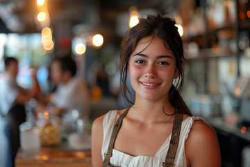 Young waitress woman at bar, portrait indoors one person adult - obrazy, fototapety, plakaty