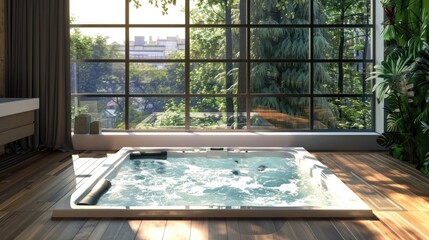 Luxury Jacuzzi at Home to Relax on Weekdays. Modern Interior Design with Stunning Window View for Ultimate Relaxation - obrazy, fototapety, plakaty
