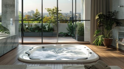 Luxury Home Jacuzzi to Relax on Difficult Weekdays - Modern Interior Design with Stunning Window View - obrazy, fototapety, plakaty