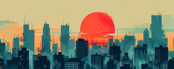 Stylized cityscape with a large sun at dusk - obrazy, fototapety, plakaty