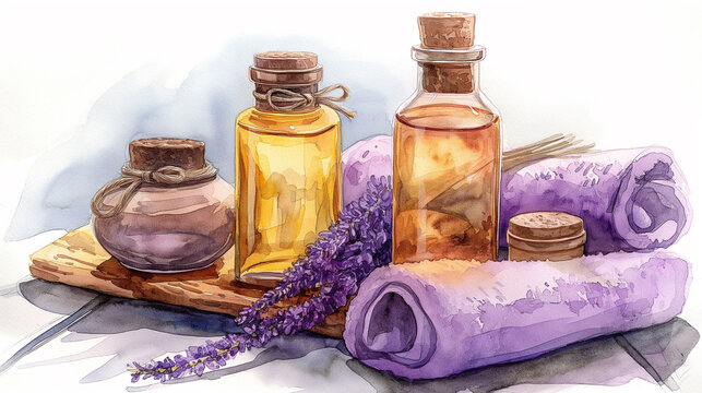 jars of oils, cosmetics, towel, lavender sprig on a white background watercolor drawing