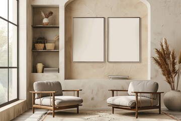 Modern Beige Living Room with Canvas Art and Niches for Interior Design Mockup