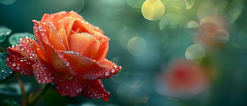 A closeup of a vibrant red rose with dew drops on the petals against a soft background. Concept Closeup Photography, Red Rose, Dew Drops, Soft Background, Vibrant Colors