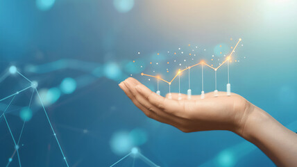 Hand holding graph with sales growth arrows, from dots and lines, minimalist style, blue hi-tech background, free space for text.