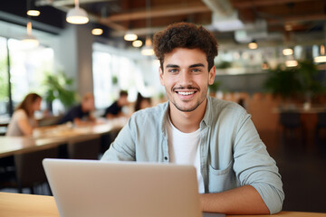 Fototapeta premium Generative AI photo of smiling handsome man teacher in cafe