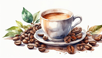 Watercolor hand drawn illustration of Cup of morning coffee