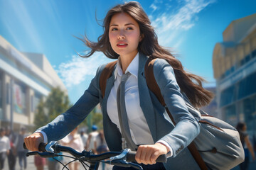 A beautiful young adult of Mongolianformal woman riding her bicycle to work, a backside portrait of a woman commuting on a bicycle on a sunny day in an urban street at mid-day 