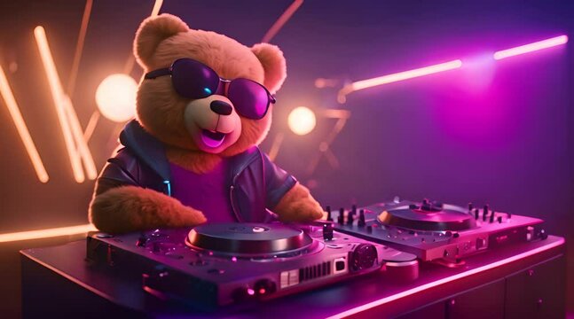 animation of teddy bear playing DJ