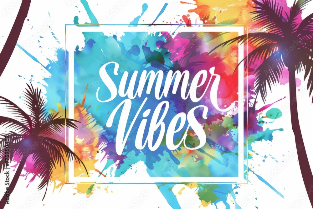 Poster a vibrant summer design featuring palm trees and watercolor splashes in bright colors, with an outli