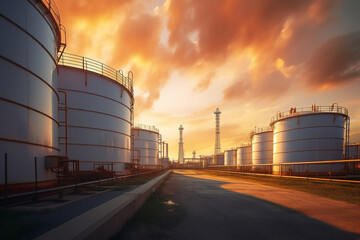  Close up of oil and gas terminal storage tanks of industrial plant or industrial refinery factor with a cloudy sky at sunset; in a forest environment the future of energy 