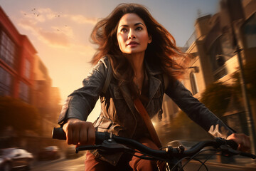 A beautiful adult of Asianformal woman riding her bicycle to work, a frontside portrait of a woman commuting on a bicycle on a sunny day in an urban street at sunset 