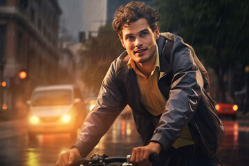A beautiful young adult of Latinformal man riding his bicycle to work, a frontside portrait of a guy commuting on a bicycle on a rainy day in an urban street at sunset 