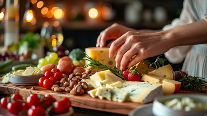 A person preparing a cheeseboard with various foods.