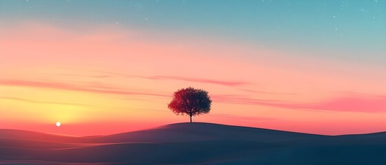 A serene landscape with a lone tree standing tall against a colorful sunset sky. Concept Nature, Landscapes, Sunset, Trees, Serenity - obrazy, fototapety, plakaty
