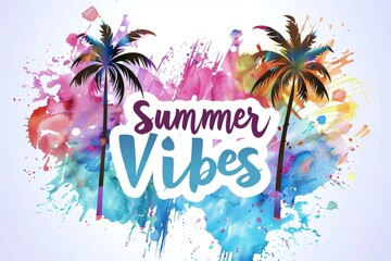 summer vibes with palm trees and watercolor splash in pink blue purple red orange yellow white colors with the text "Summer Vibes" Generative AI