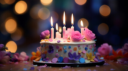 A birthday cake with flower decorations and colorful candles and a background with decorations in bokeh 