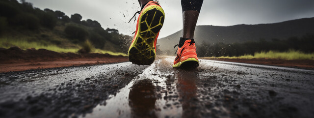  male or man South-African trail runner running on a asphalt street with a close-up of the trail running shoes during a cloudy mid-day 