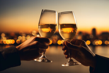 two people African American hands toasting champagne glasses for valentine with a city background, a celebration or engagement concept 