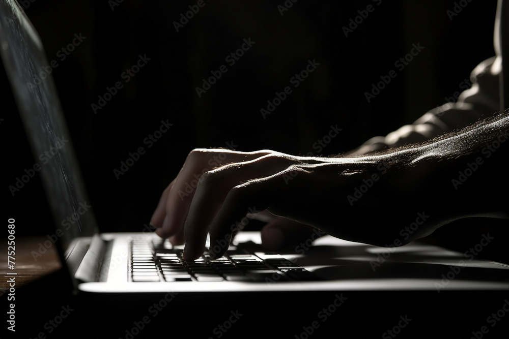 Poster generated with ai image of man hands typing on a laptop keyboard