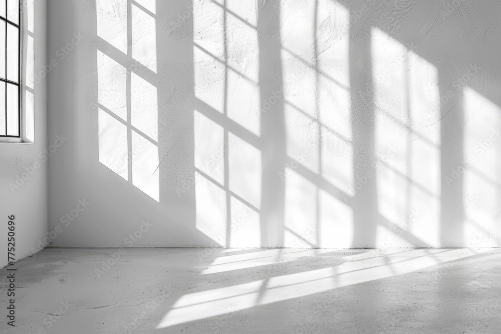 Poster organic drop shadow with rays of light from window on white wall: natural light overlay effect for p