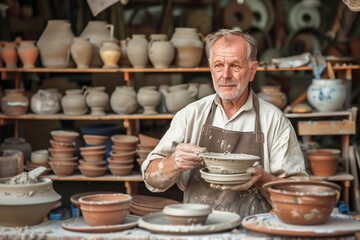 Potter in his workshop, creativity spinning mud jug