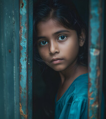 Photo-portrait réaliste d'une enfant du Bangladesh, en tenue traditionnelle bleue dans l'encadrement d'une porte