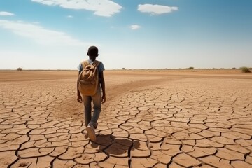 Back view of a lone person with a backpack walking across a desolate cracked earth, depicting a journey of endurance. Person Walking on Vast Cracked Earth