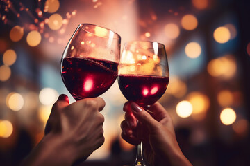 two people hands toasting with red wine glasses during a party in a bar with a light and sparklers background at night, a happy celebration concept 