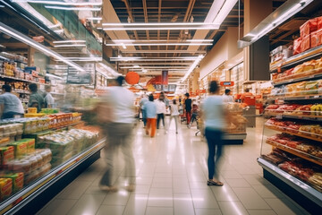 Blurred Motion: Interior of a Supermarket, Capturing the Hustle and Bustle of Shoppers and Staff in Motion Amidst the Aisles