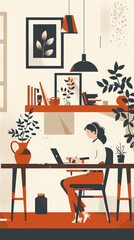 Creative Freelancer Girl Boss in a Stylish Home Office with Plants