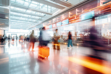 Blurred Motion: Interior of a Busy Airport, Capturing the Dynamic Movement of Travelers and Staff Amidst the Hectic Atmosphere