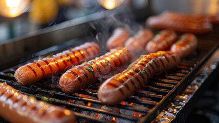 Grilled sausages on a barbecue grill. - obrazy, fototapety, plakaty