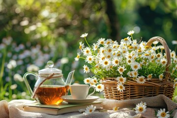 Relax with a Cup of Calming Chamomile Tea in a Serene Garden Setting - obrazy, fototapety, plakaty