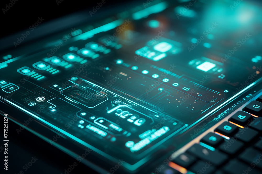 Poster closeup macro picture of modern led lights effect keyboard for programming job generation ai