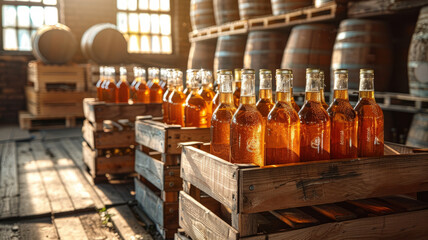 Bottles of whiskey in a distillery cellar. - obrazy, fototapety, plakaty