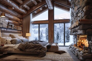 Rustic Charm. Luxurious Cabin Interior with Roaring Fireplace, Winter Scenic Background, and Inviting Bedroom Design. Realistic 3D Model Photo