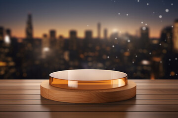 An empty round wooden podium set amidst a city with water drops and modern background a product display background or wallpaper concept with front-lighting 