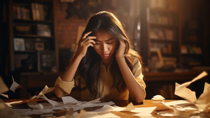 A tired and frustrated young adult and Asian business woman is sitting at her wooden office desk with her hands crumbling a paper with backlighting 