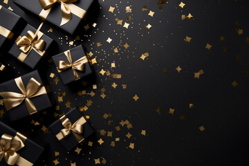  romantic black and gold background with a small pile of wrapped gift boxes at one side seen from above for a birthday  - obrazy, fototapety, plakaty