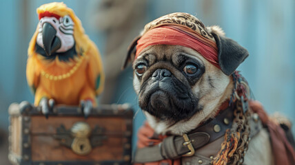 Pug and parrot dressed as pirates